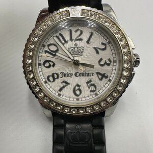 Juicy Couture Watch Women Silver Tone Crystal Bezel Black Silicone Band 8.5"